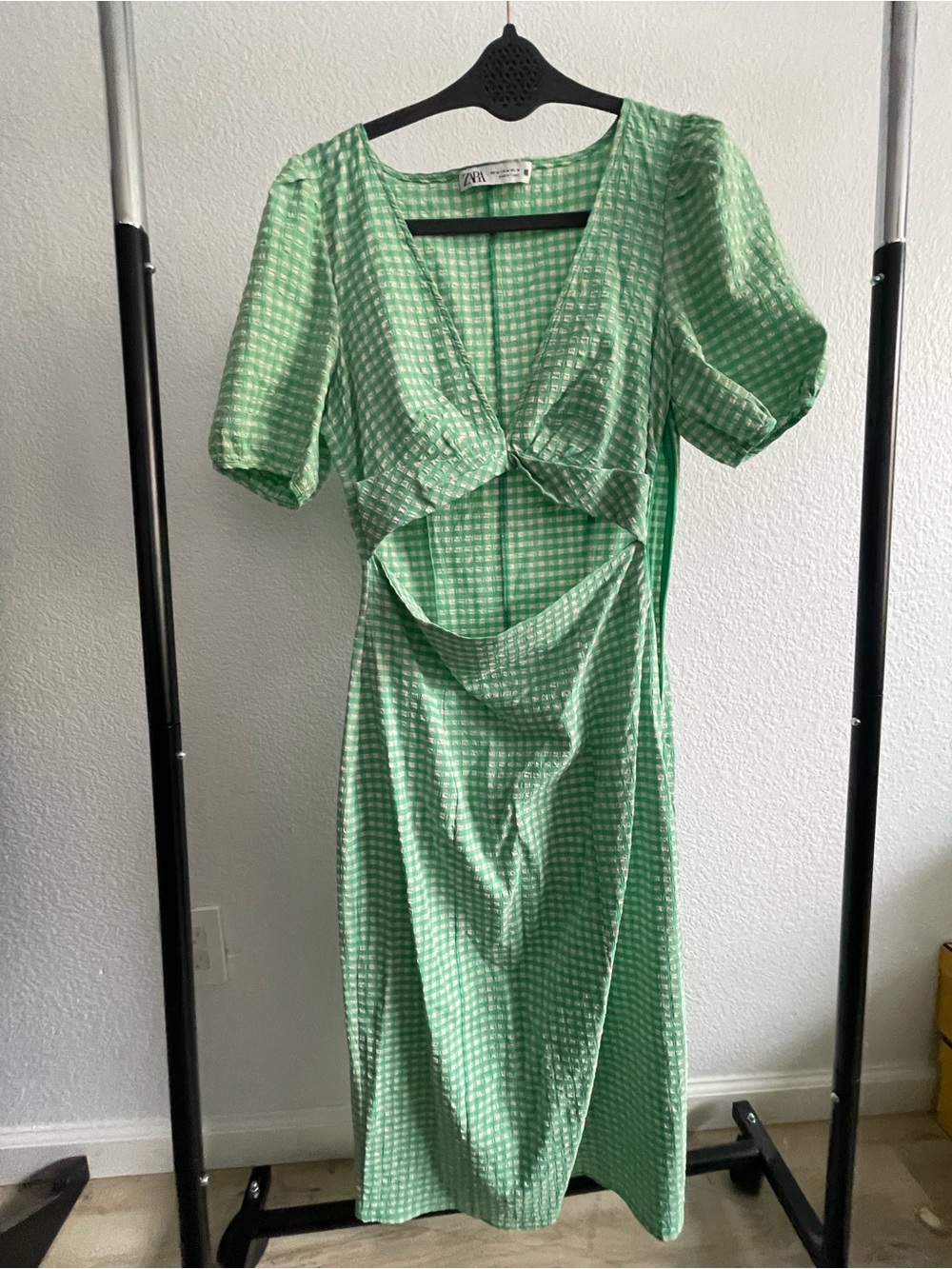 Zara Light Green Gingham Cutout Midi Dress